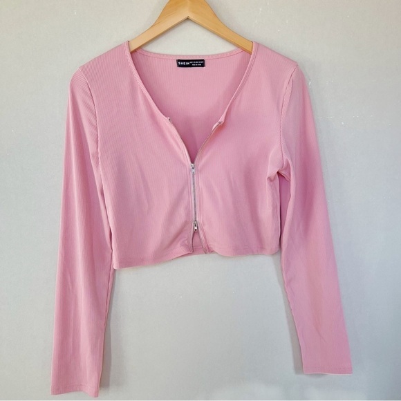 Shein Pink Zip Up Ribbed Crop Top - Picture 1 of 3